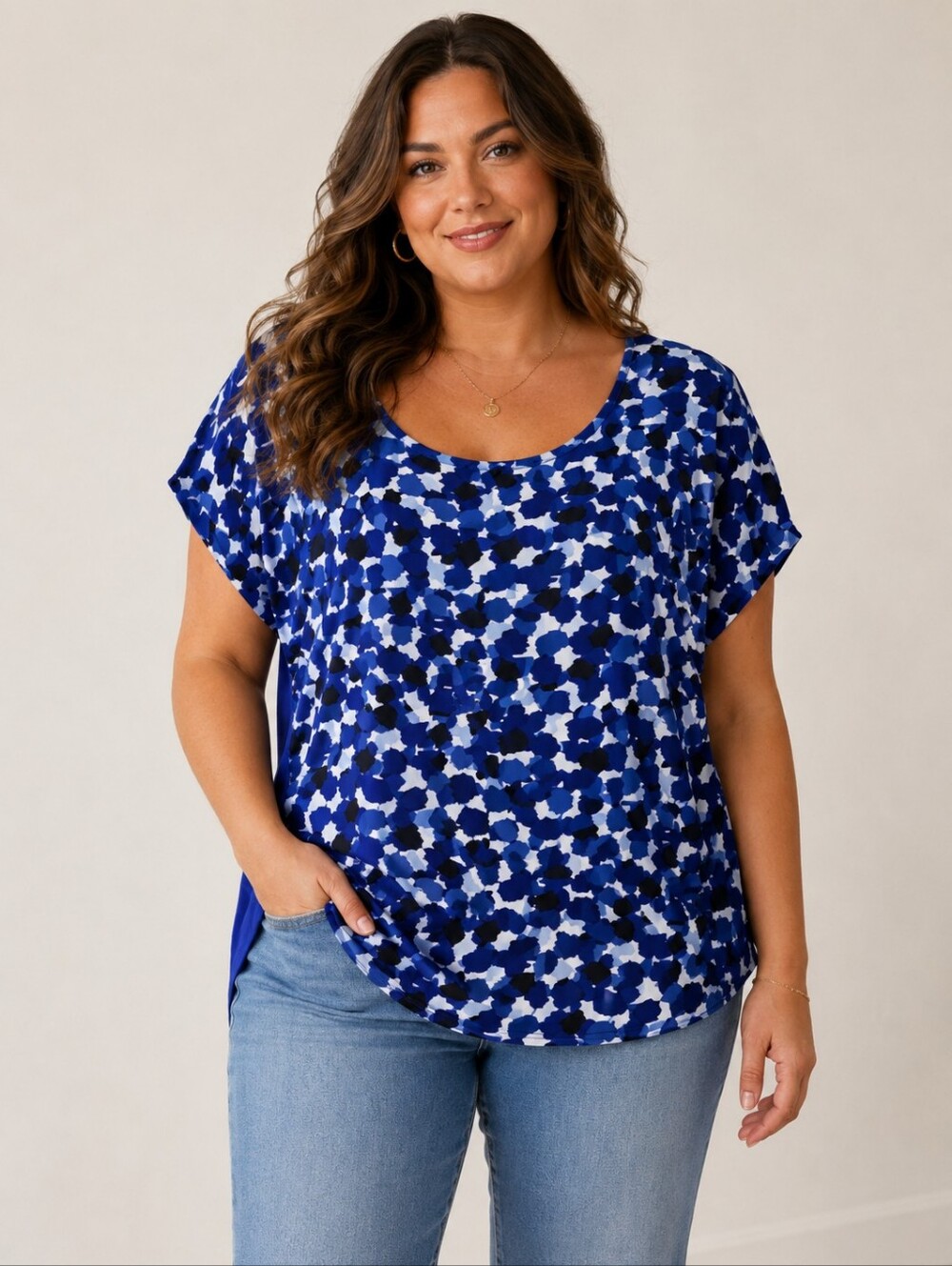 Cleo Electric Blue Printed Short Sleeve Mixed Media Blouse Women's Large
